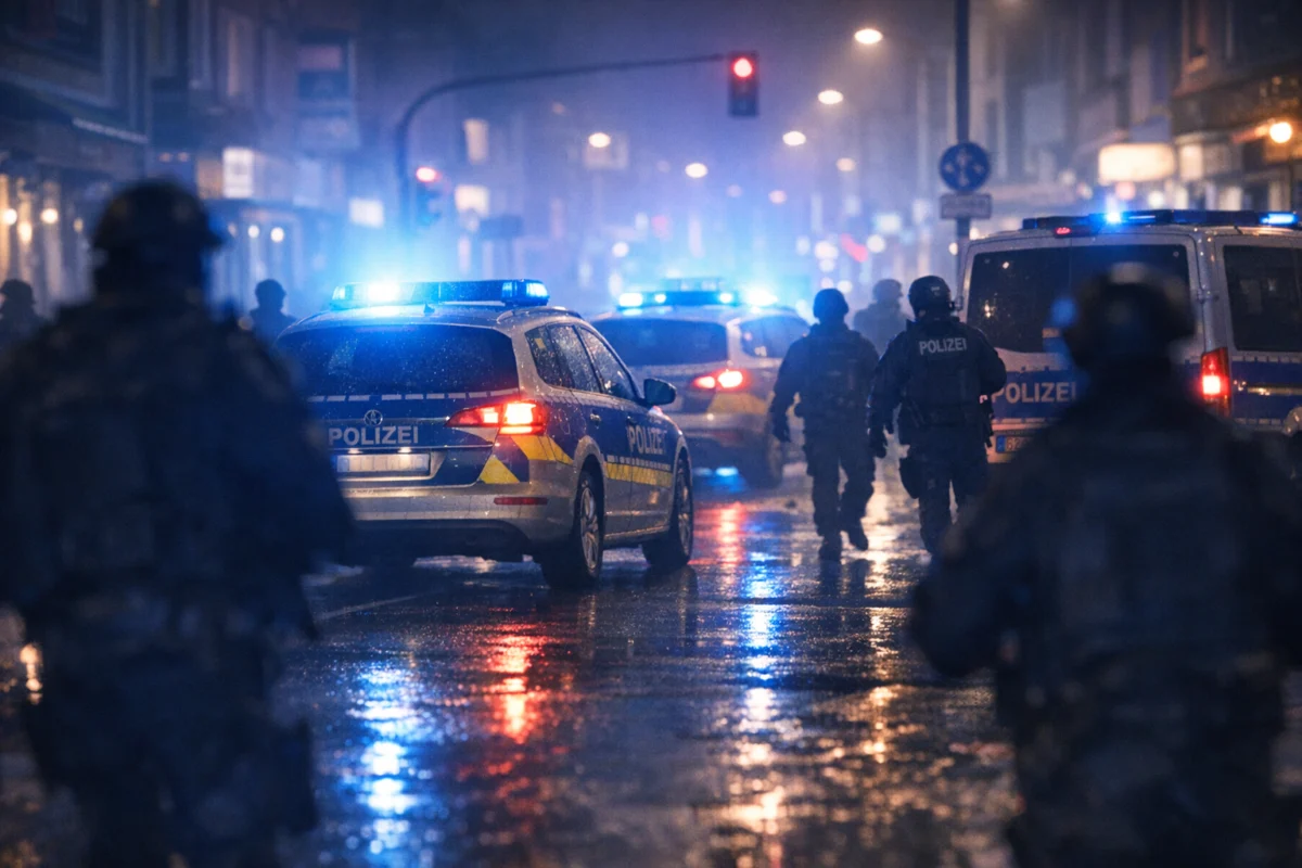 Bild in 16:9 von einem Polizeieinsatz bei Nacht, deutsche Innenstadt, Blaulicht, schemenhafte Gestalten