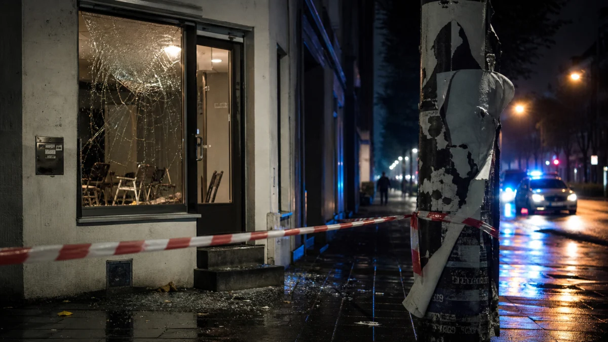 Symbolbild: beschädigtes Parteibüro, zerstörte Wahlplakate und Polizeilicht in einer deutschen Straße
