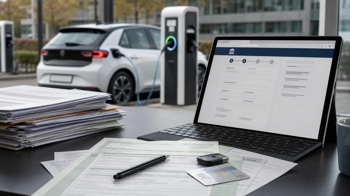 E-Auto an Ladesäule mit Online-Antragsformular und Papierstapel als Symbolbild