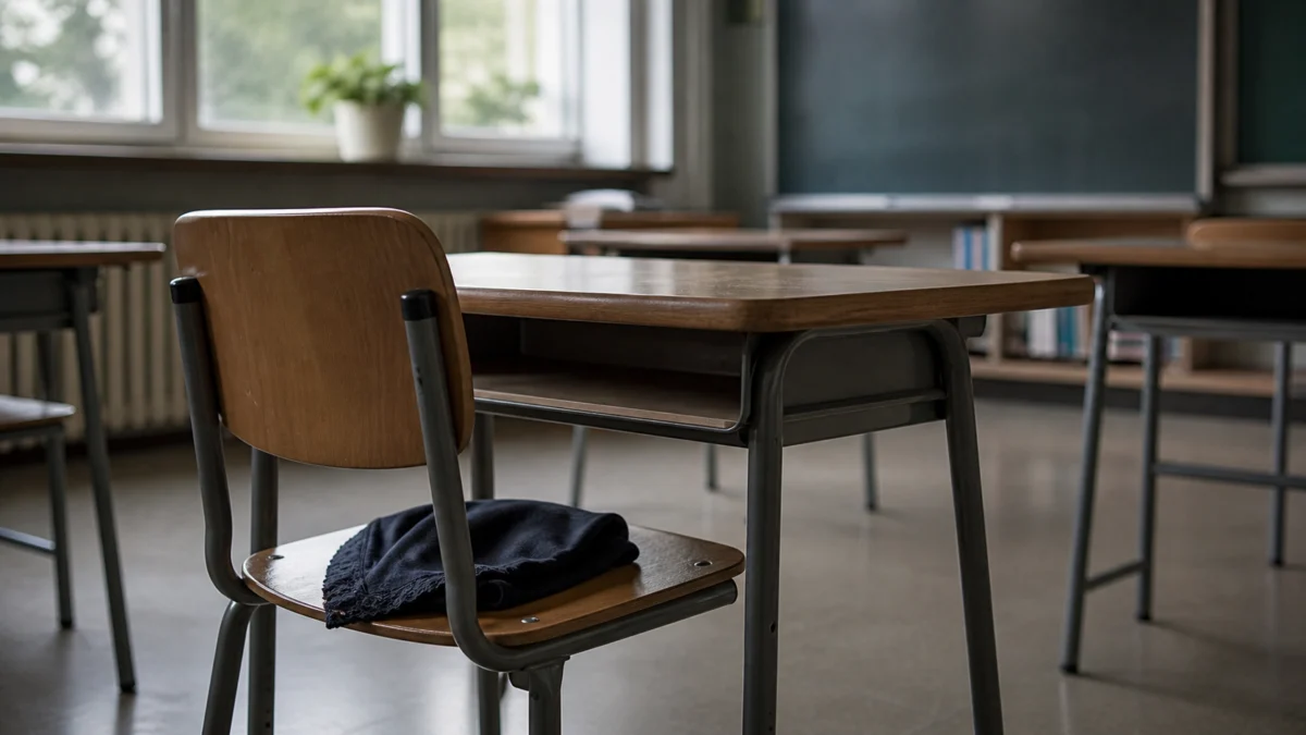 Symbolbild: Kopftuch auf einem Stuhl in einem leeren Klassenzimmer