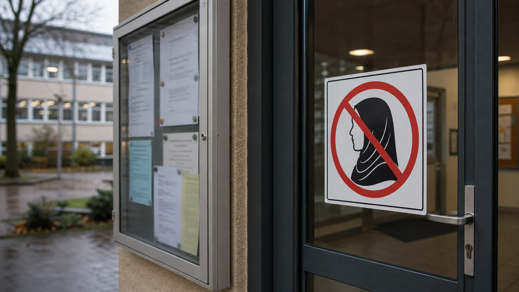 Symbolbild: Verbotsschild mit durchgestrichenem Kopftuch an einer Schultür