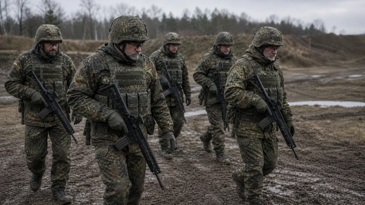 Symbolbild: ältere Reservisten bei einer militärischen Übung auf einem matschigen Übungsplatz