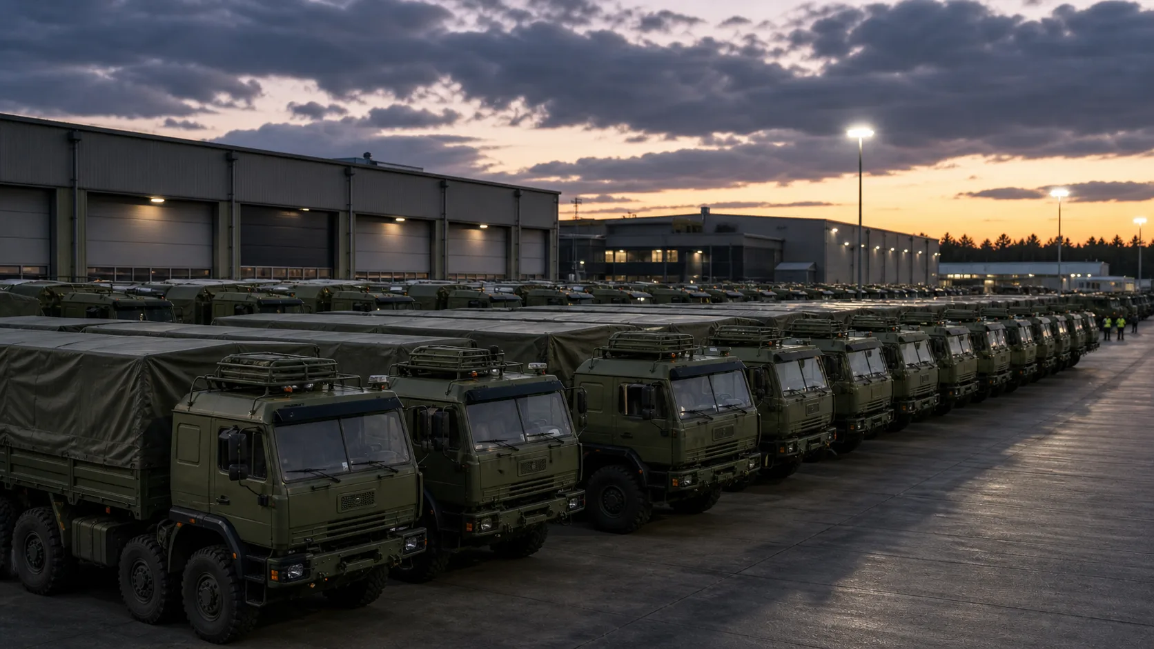 Reihen lieferbereiter militärischer Transport-Lkw auf einem Werksgelände
