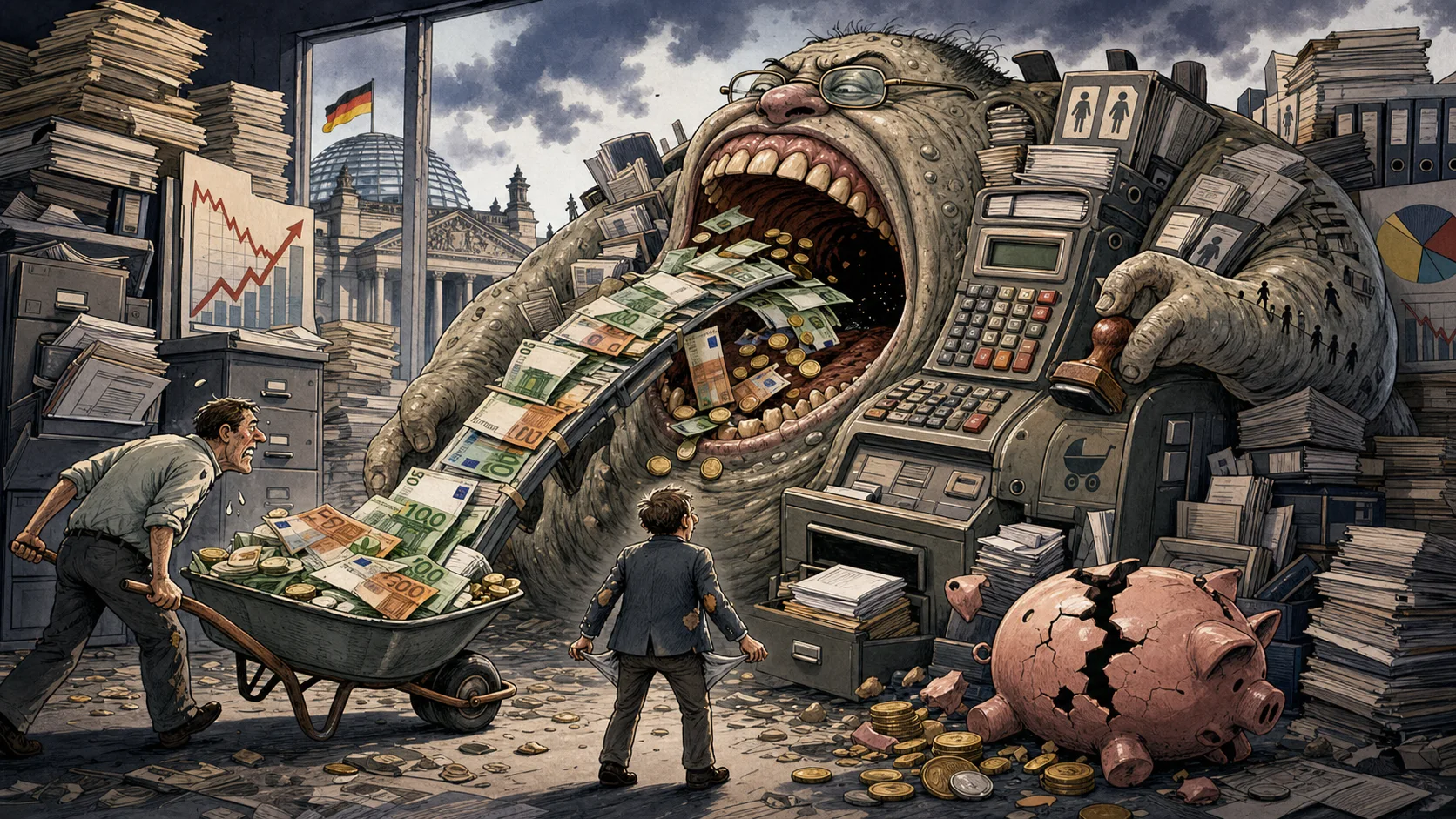 Garstige Karikatur eines Sozialstaats-Monsters, das immer mehr Steuergeld verschlingt