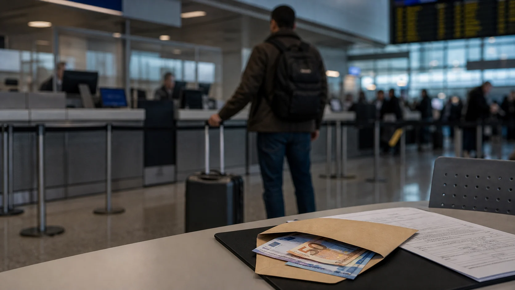 Symbolbild: Flughafen, Rückreise und Umschlag mit Euro-Banknoten