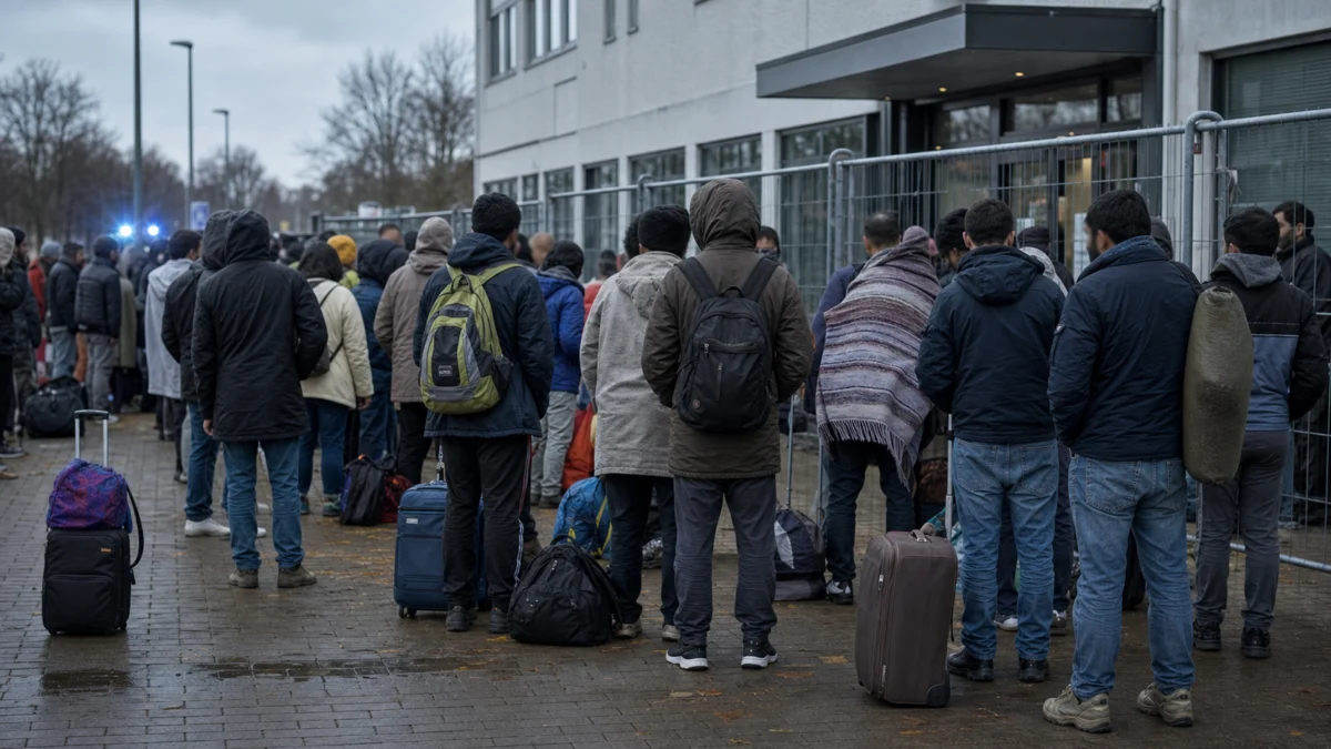 Menschen mit Gepäck vor einer überfüllten Asylunterkunft in Ter Apel als Symbolbild