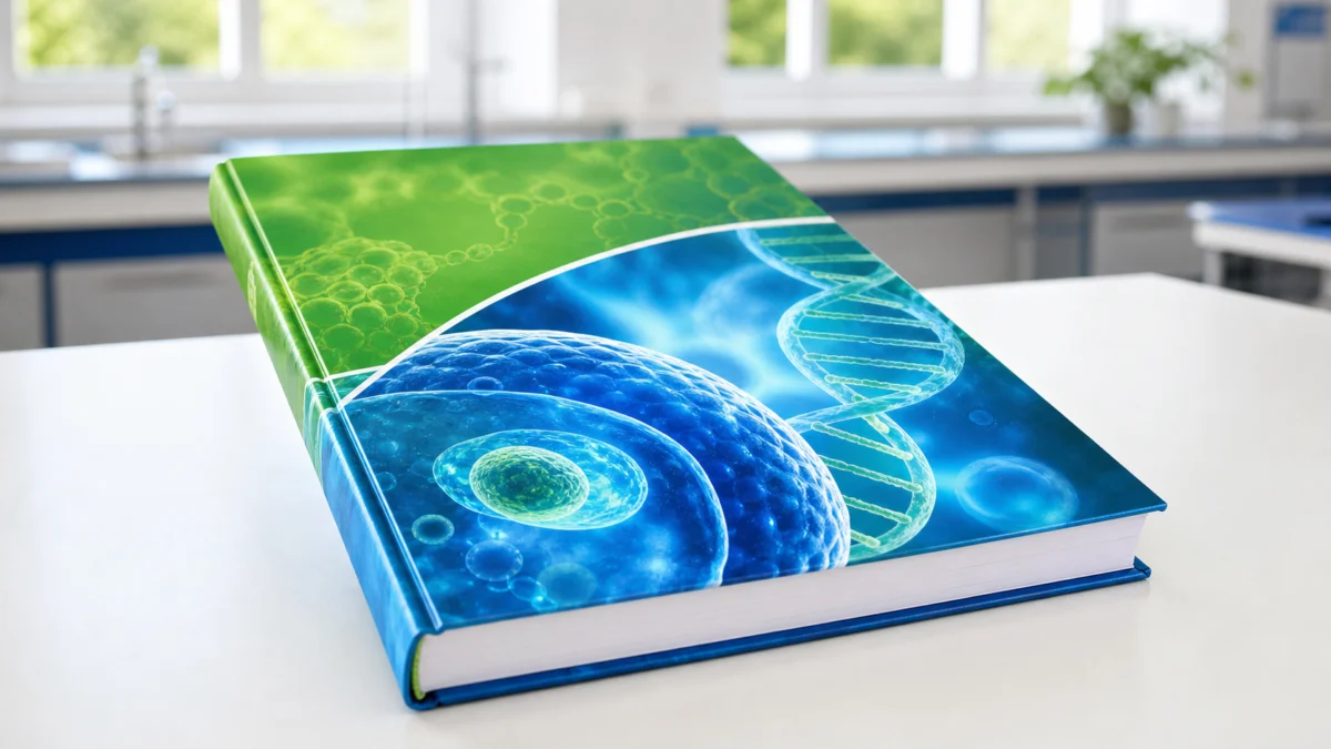 Symbolbild: Ein modernes Biologie-Lehrbuch auf einem hellen Schultisch