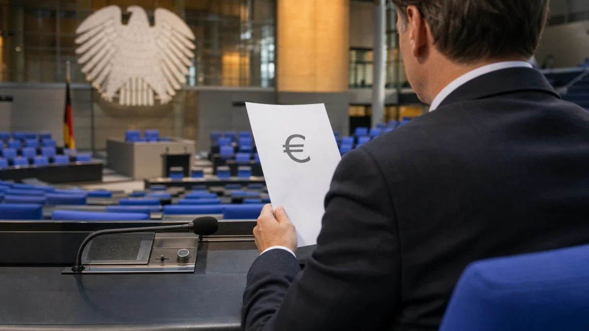 Abgeordneter von hinten betrachtet im Bundestag ein Blatt mit Eurozeichen