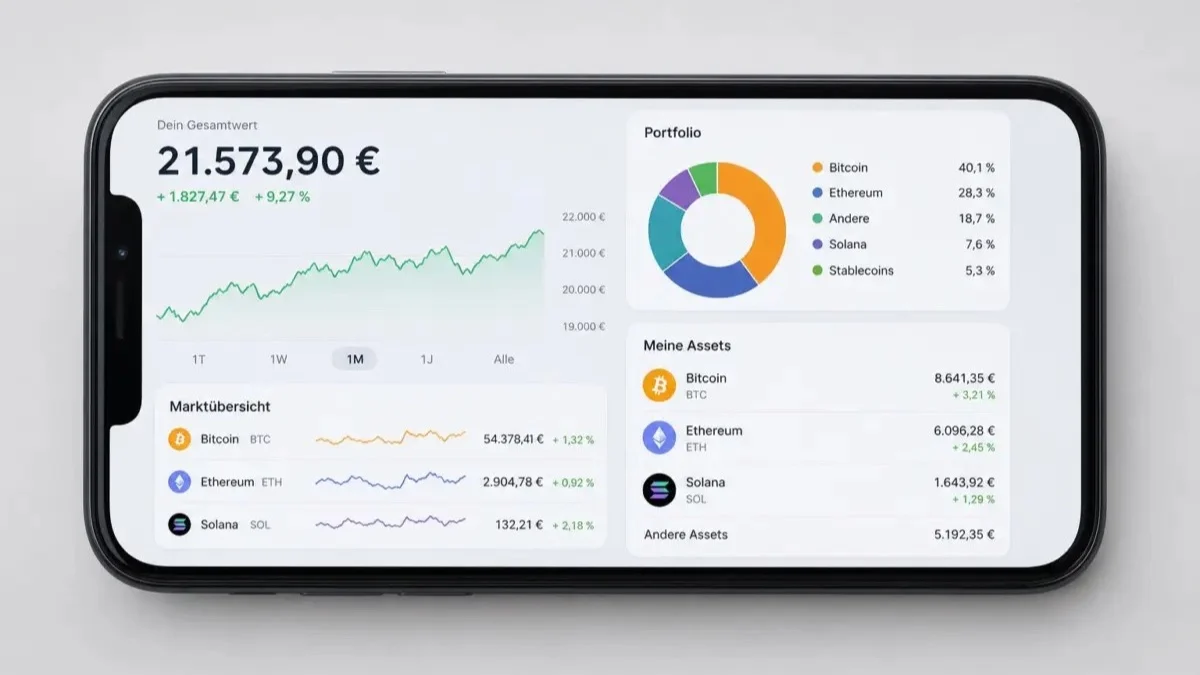 Ein Smartphone zeigt ein Krypto-Portfolio mit Bitcoin, Ethereum und weiteren digitalen Vermögenswerten.
