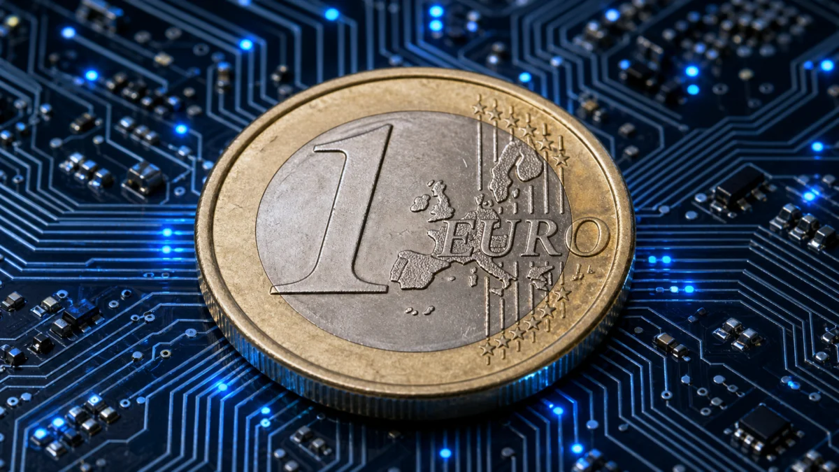 Symbolbild einer einzelnen Euro-Münze auf einer elektronischen Platine