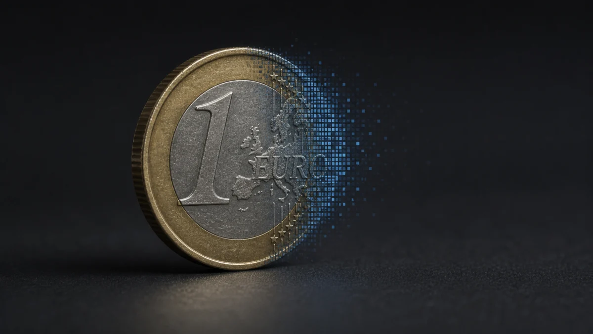 Eine einzelne Euromünze löst sich auf einer Seite in digitale Datenpunkte auf
