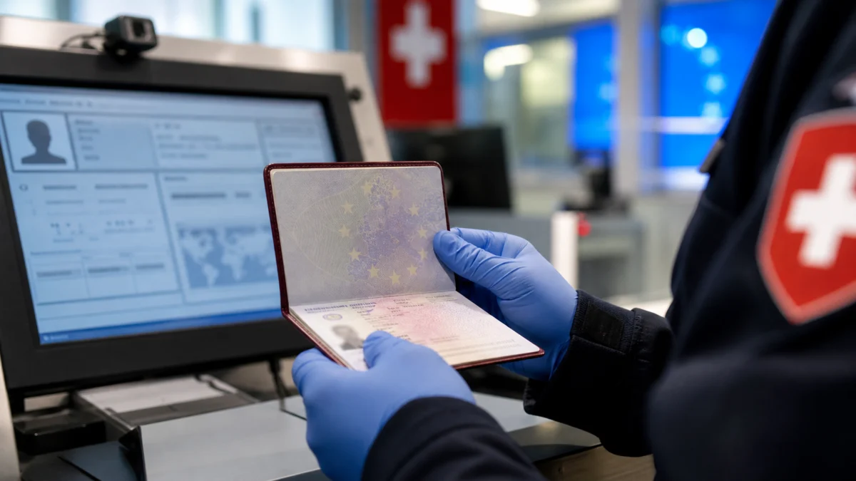 Symbolbild einer Schweizer Passkontrolle mit europäischem Reisepass