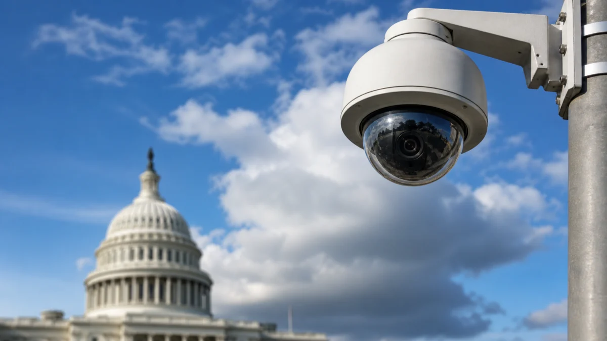 Überwachungskamera vor dem unscharfen US-Kapitol als Symbol für Section 702