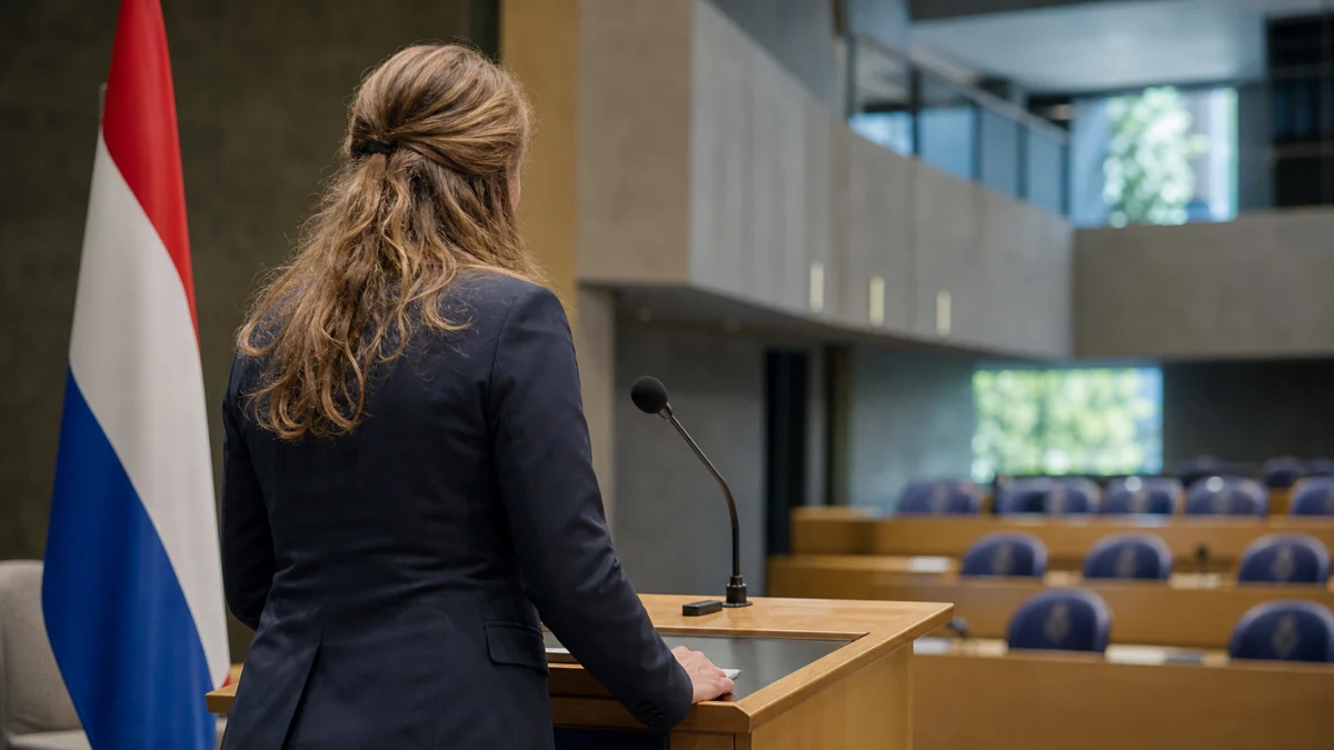 Junge niederländische Politikerin spricht von hinten gesehen an einem Parlamentspult