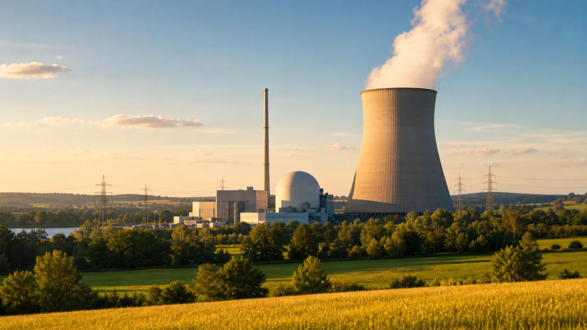Kernkraftwerk als Symbol für die Forderung nach Wiederinbetriebnahme von Isar 2