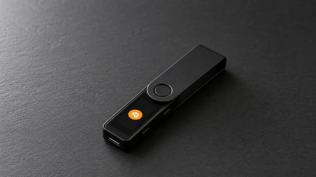 Ein einzelnes Hardware-Wallet mit Bitcoin-Symbol liegt auf einer dunklen Fläche