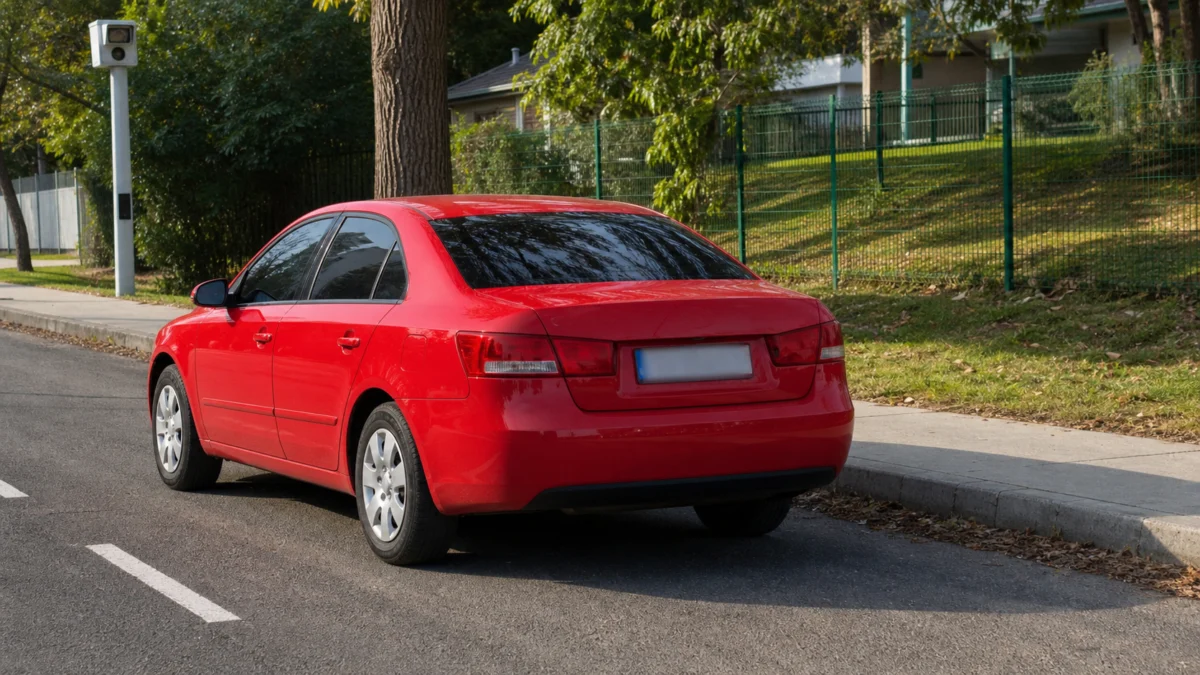 Ein roter Wagen fährt an einer automatischen Kennzeichenkamera vorbei