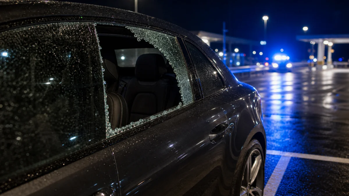 Auto mit eingeschlagener Seitenscheibe als Symbol für grenzüberschreitende Autodiebstähle in der Schweiz