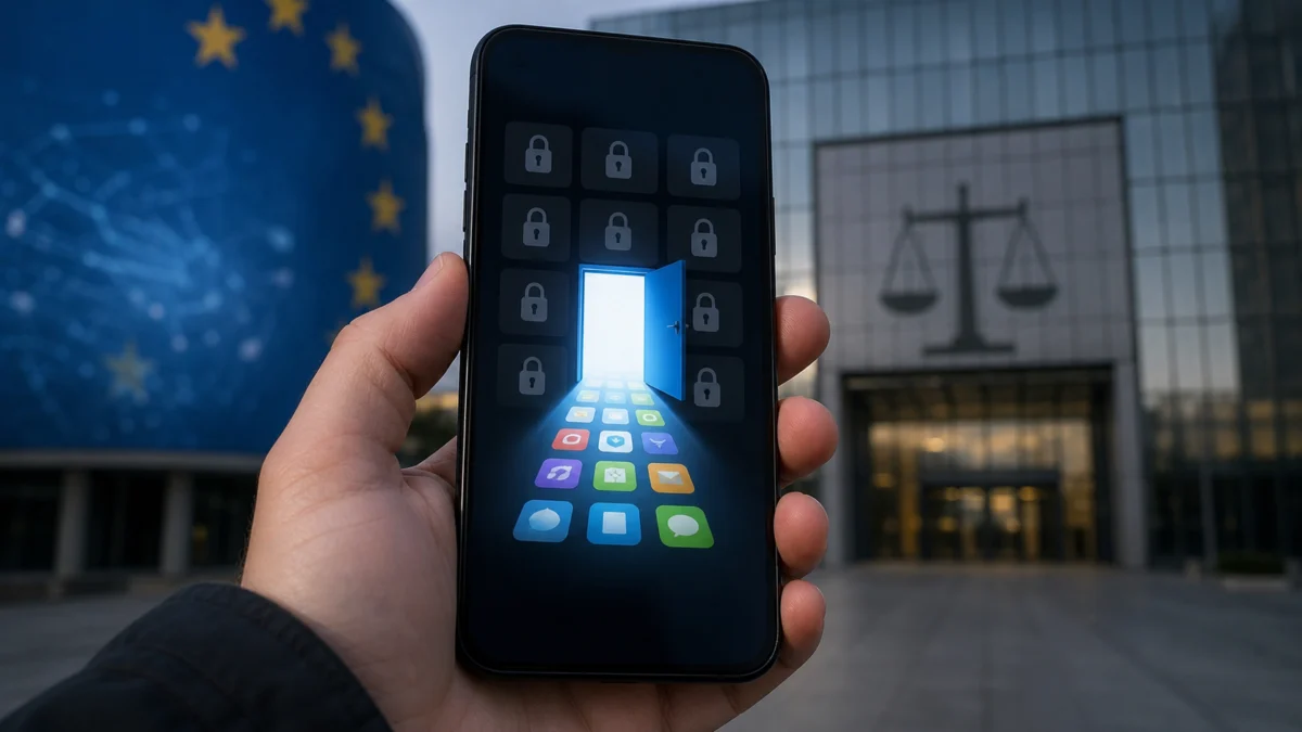 Symbolbild: Smartphone-Walled-Garden vor EU-Gerichtsgebäude