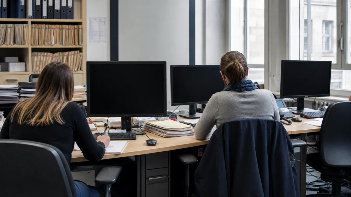 Beschäftigte der Berliner Justiz vor ausgefallenen Computern