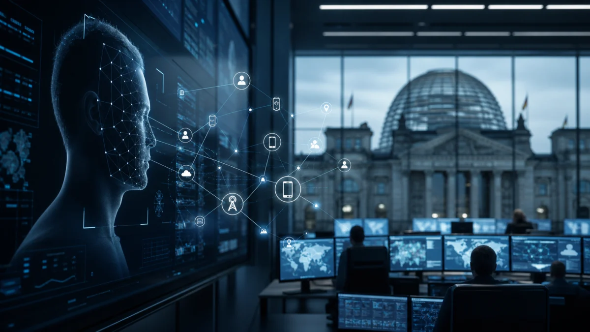 Biometrisches Gesichtsprofil und verknüpfte digitale Daten vor dem Reichstagsgebäude als Symbolbild für geplante BKA-Befugnisse