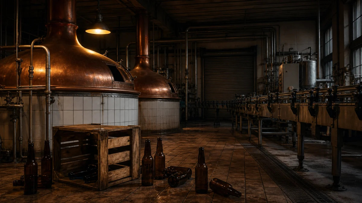 Symbolbild einer stillstehenden traditionellen Brauerei mit leeren Flaschen und umgestürzter Bierkiste