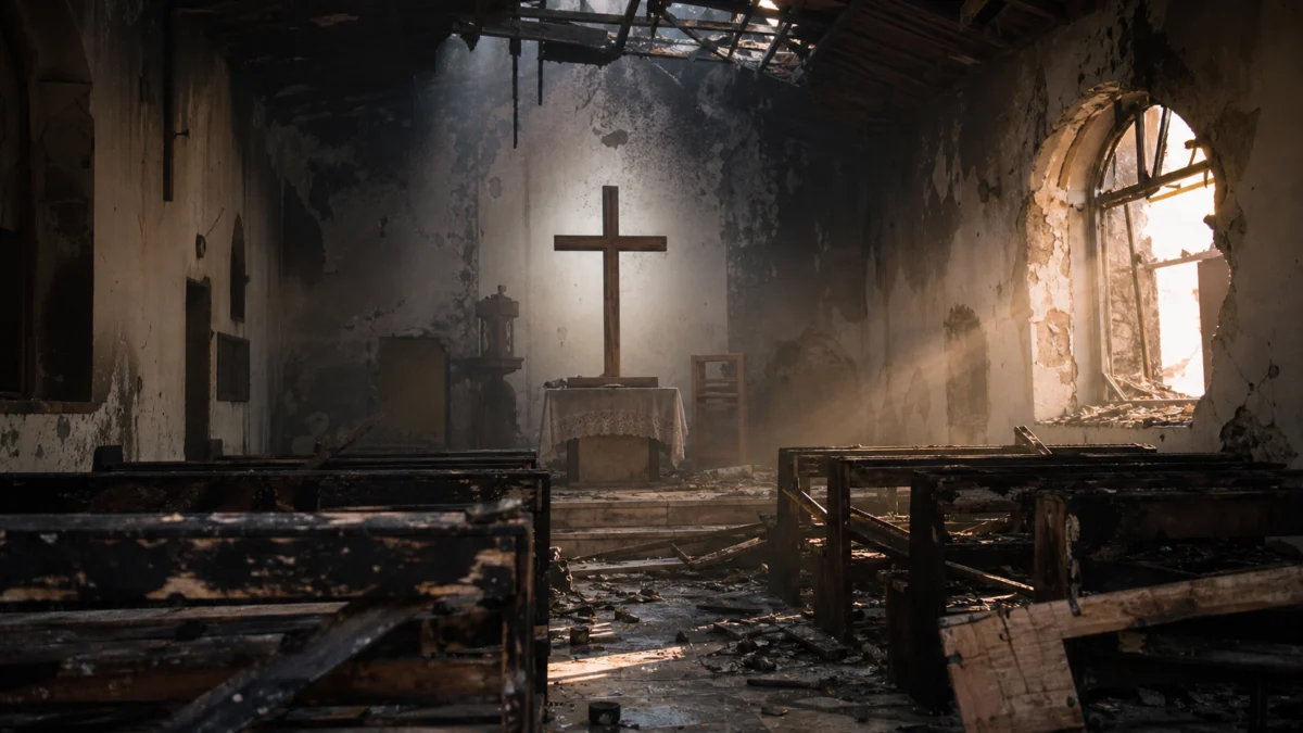 Symbolbild: Beschädigter Kirchenraum nach einem Angriff