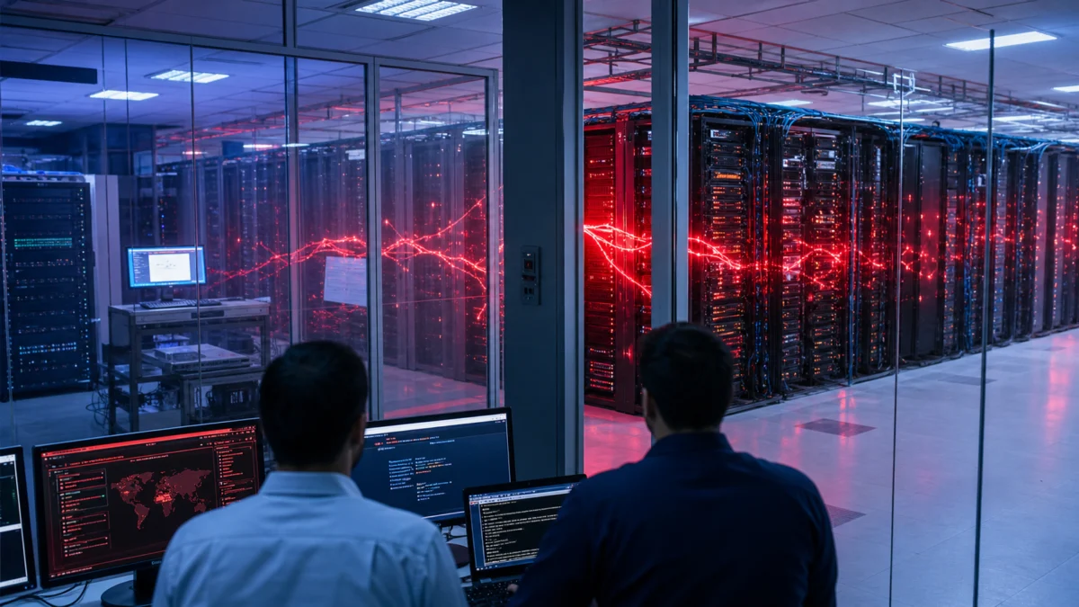 Zwei IT-Sicherheitsmitarbeiter blicken in einem Rechenzentrum auf rote Angriffswarnungen zwischen Testnetz und realen Servern