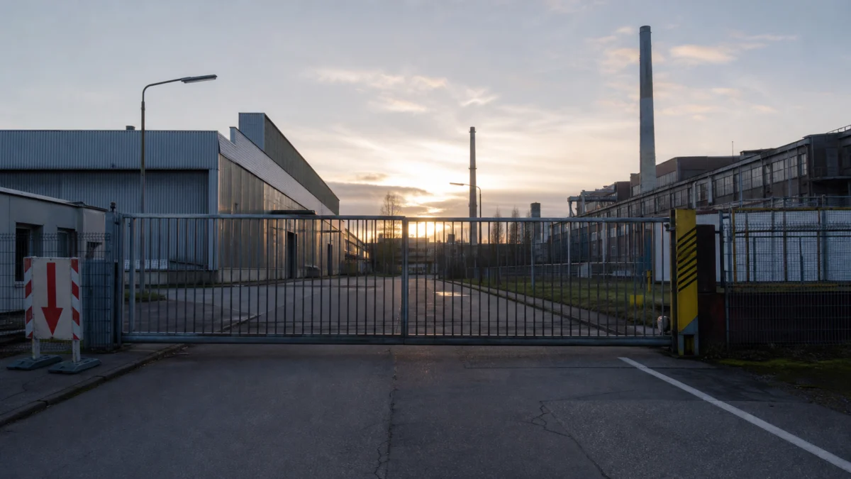 Symbolbild: Verschlossenes Tor eines stillstehenden deutschen Industriewerks mit rotem Abwärtspfeil