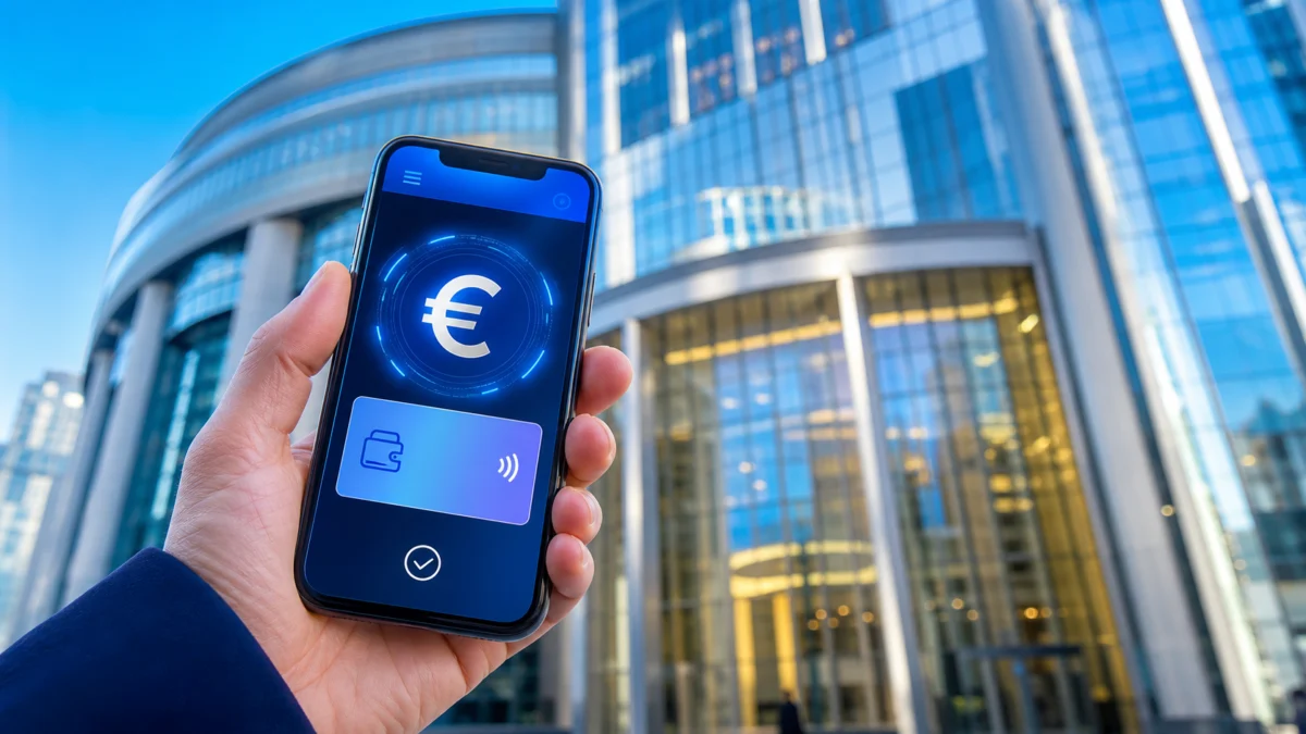 Symbolbild: Digitaler Euro auf einem Smartphone vor einem Zentralbankgebäude