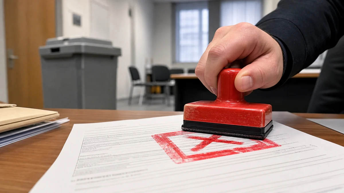 Hand setzt einen roten Ablehnungsstempel auf ein Kandidatenformular in einem Wahlamt