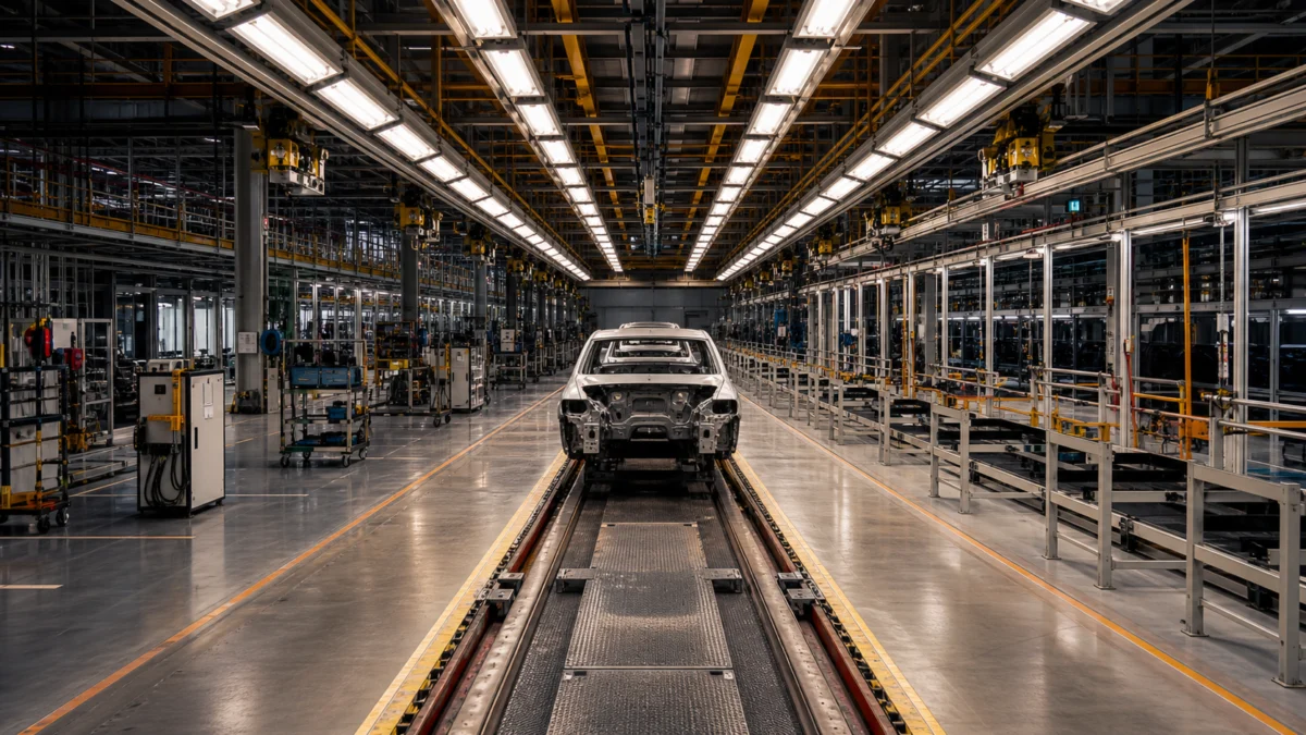Stillstehende Produktionslinie in einer modernen deutschen Autofabrik