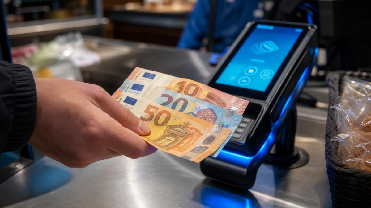 Hand bezahlt an einer Ladenkasse mit Euro-Banknoten neben einem digitalen Bezahlterminal