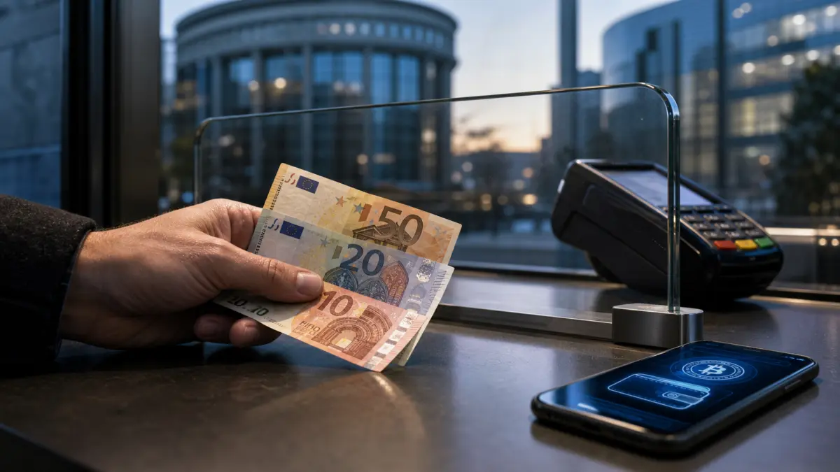 Hand mit Euro-Bargeld vor Glasbarriere, daneben Kartenterminal und Smartphone mit Krypto-Wallet