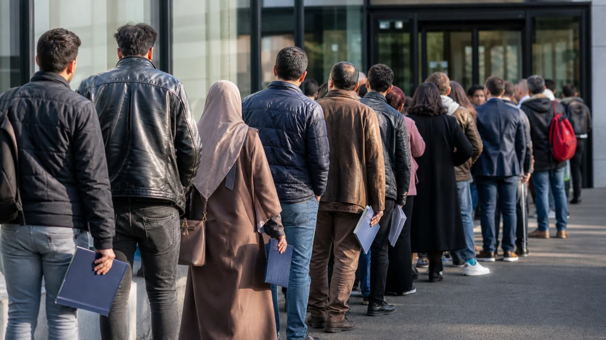 Symbolbild: Warteschlange vor einer Ausländer- oder Visastelle