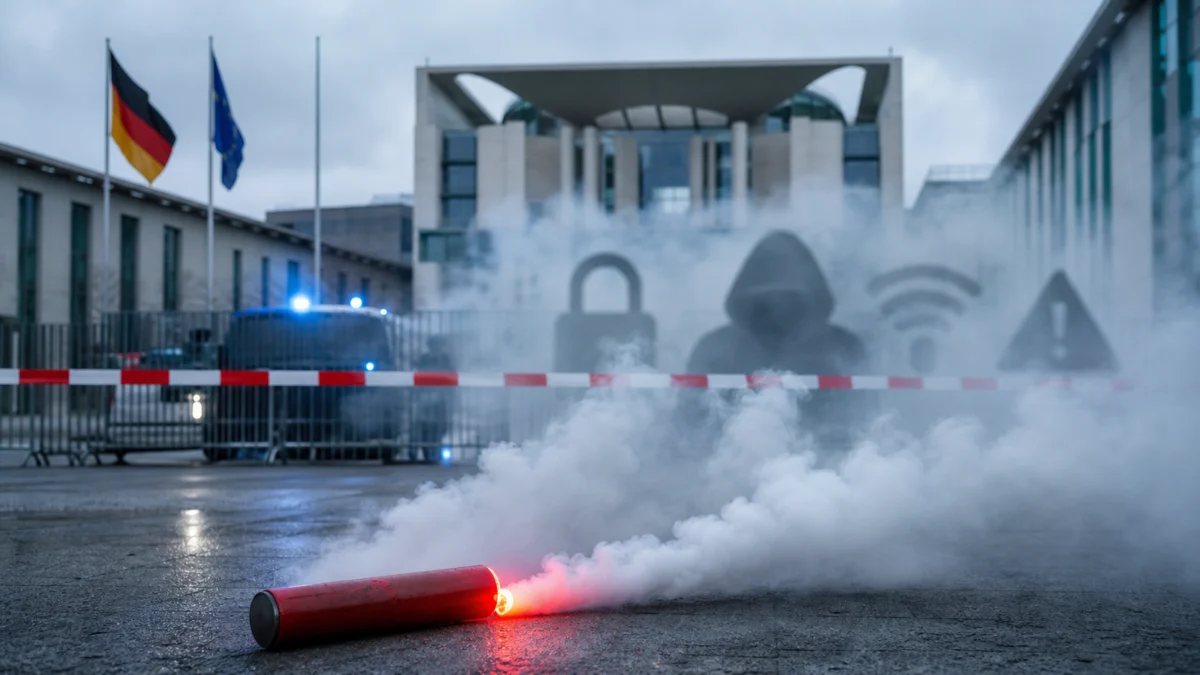 Symbolbild: Rote Nebelkerze vor einem Regierungsgebäude und einer Polizeiabsperrung