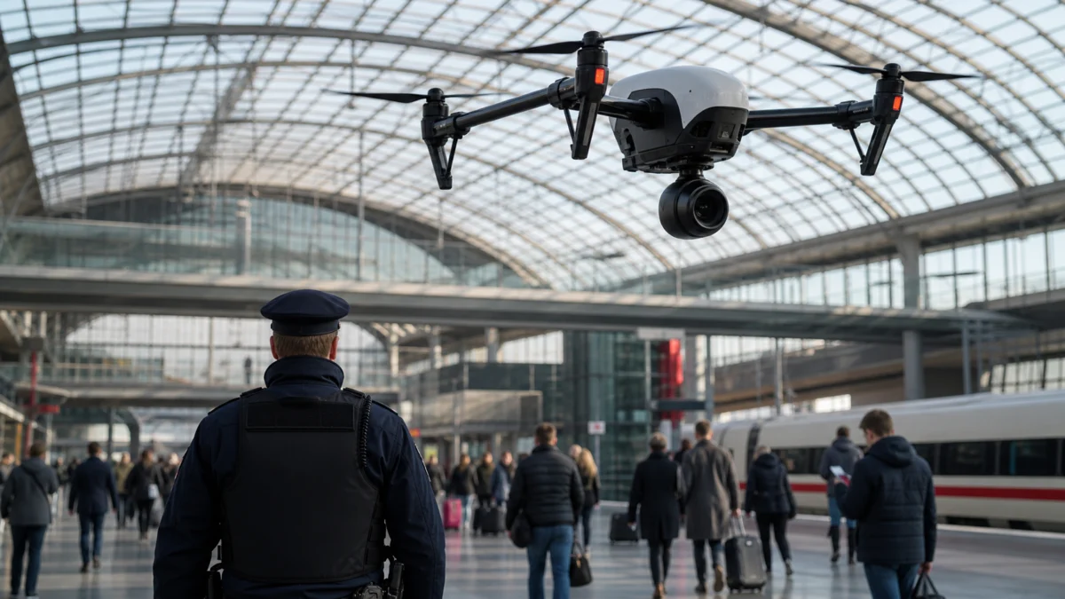 Überwachungsdrohne über einem Bahnhof und ein Polizist von hinten