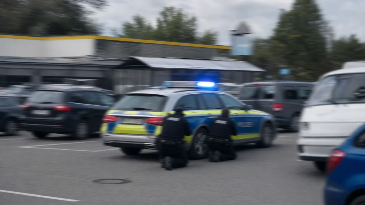 Symbolbild: Polizisten suchen hinter einem Streifenwagen Deckung