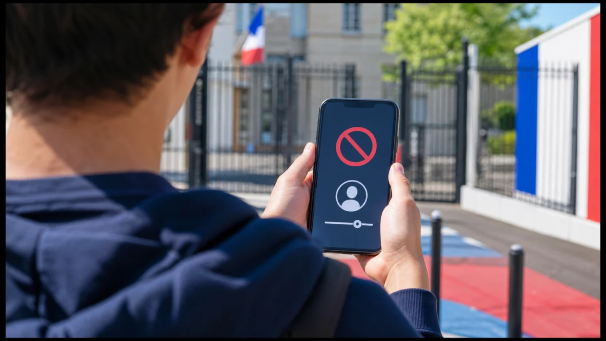 Jugendlicher von hinten mit gesperrtem Smartphone vor einer französischen Schule