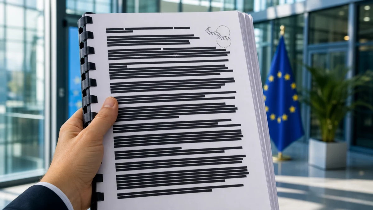 Symbolbild: Stark geschwärzte Arzneimittel-Zulassungsakte vor einer europäischen Behörde