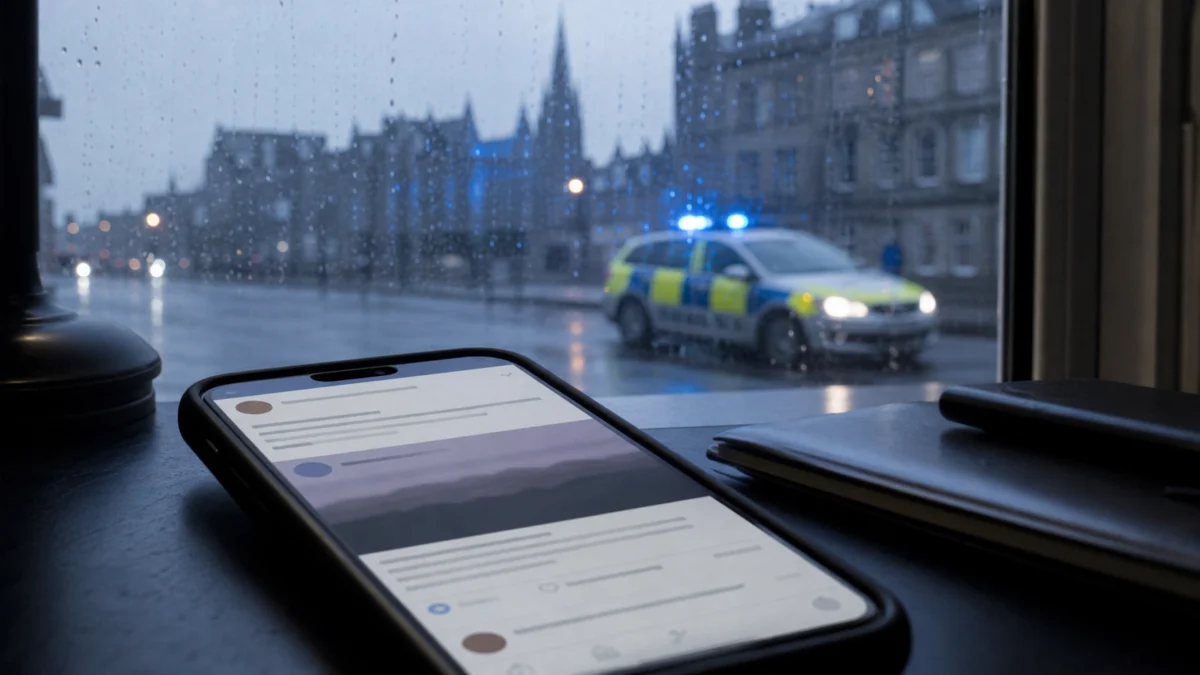 Symbolbild: Smartphone mit einem sozialen Netzwerk vor einem unscharfen schottischen Polizeiwagen