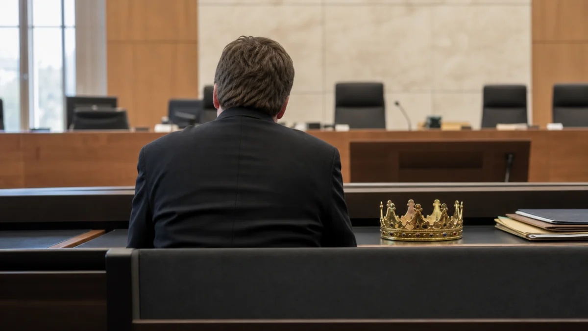 Angeklagter sitzt von hinten gesehen vor Gericht, neben ihm liegt symbolisch eine goldene Krone