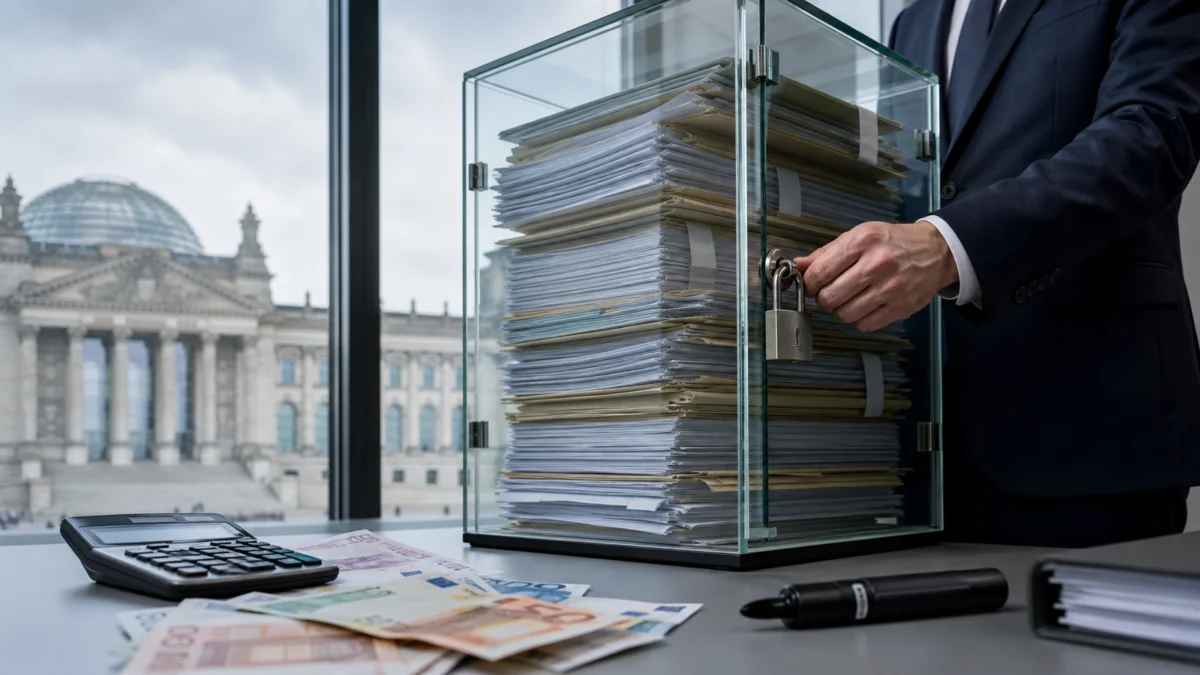 Ein Regierungsvertreter verschließt Förderakten neben Geld und Taschenrechner in einem Glaskasten