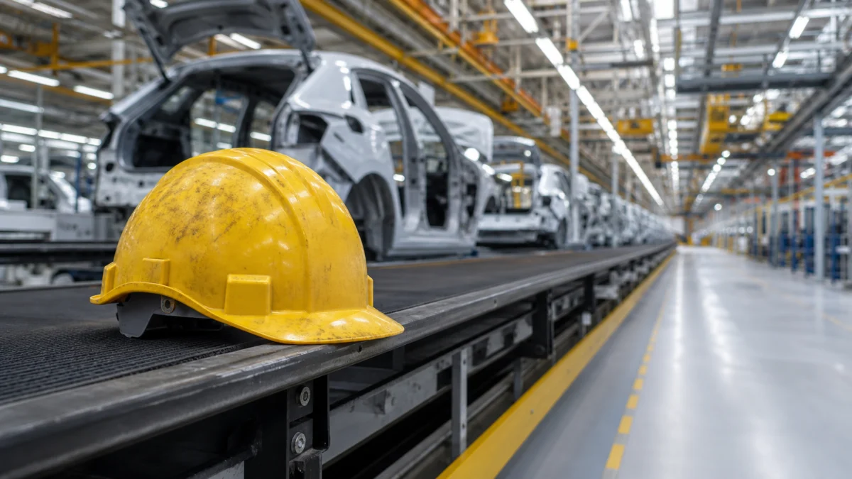 Verlassener gelber Schutzhelm an einer stillstehenden Auto-Produktionslinie
