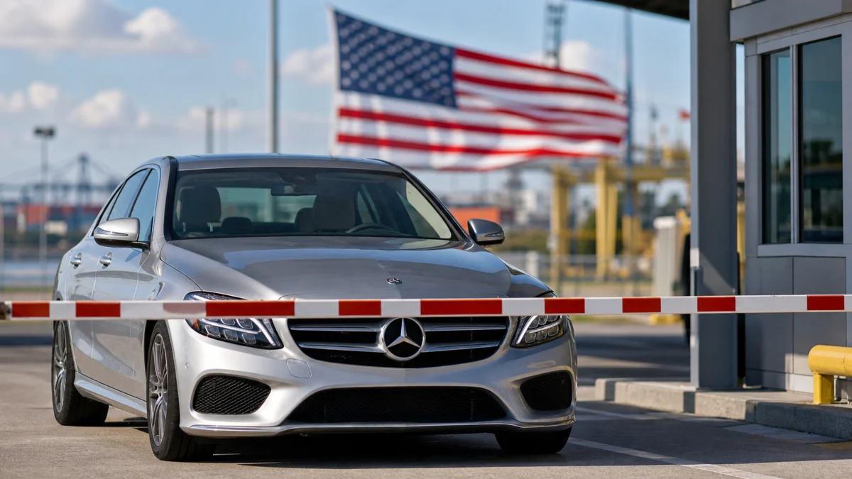 Silberner Mercedes vor einer geschlossenen Schranke an einem US-Kontrollpunkt
