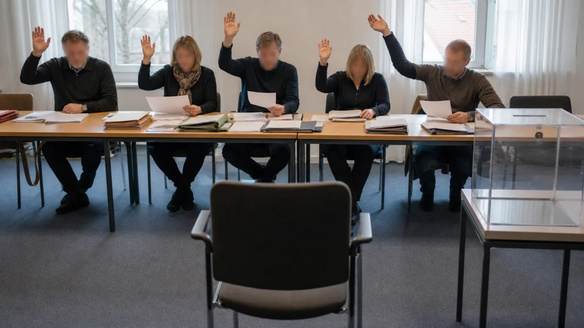 Fünf Mitglieder eines kommunalen Wahlausschusses stimmen per Handzeichen ab