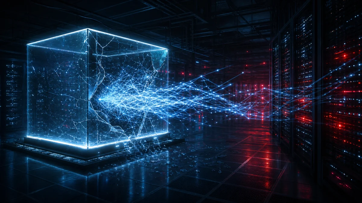 Leuchtendes KI-Netzwerk bricht aus einem gläsernen digitalen Sicherheitskäfig in ein Rechenzentrum aus