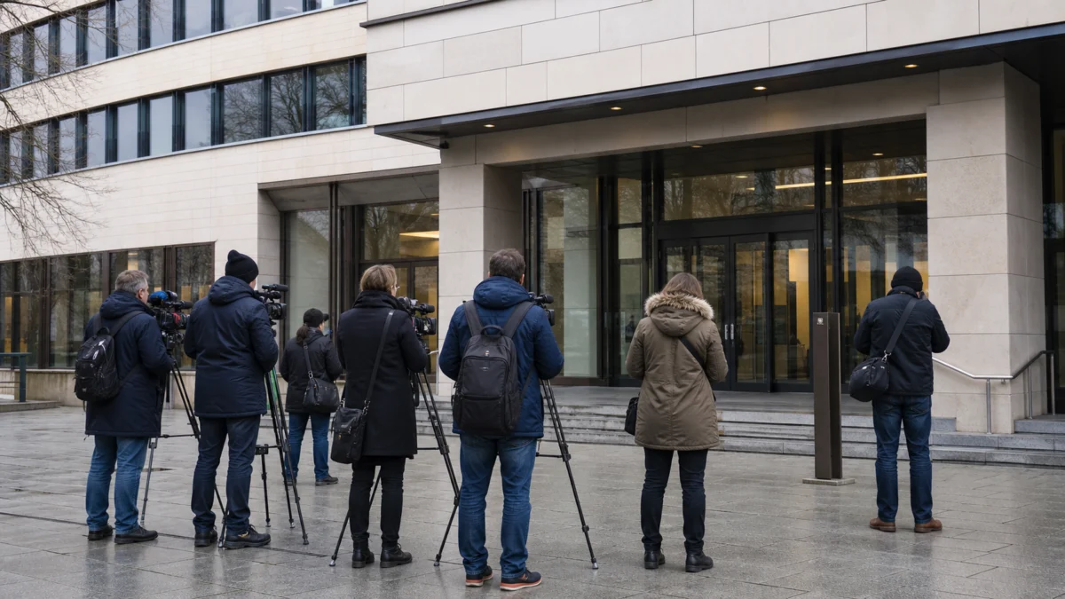 Pressevertreter warten vor einem deutschen Gerichtsgebäude
