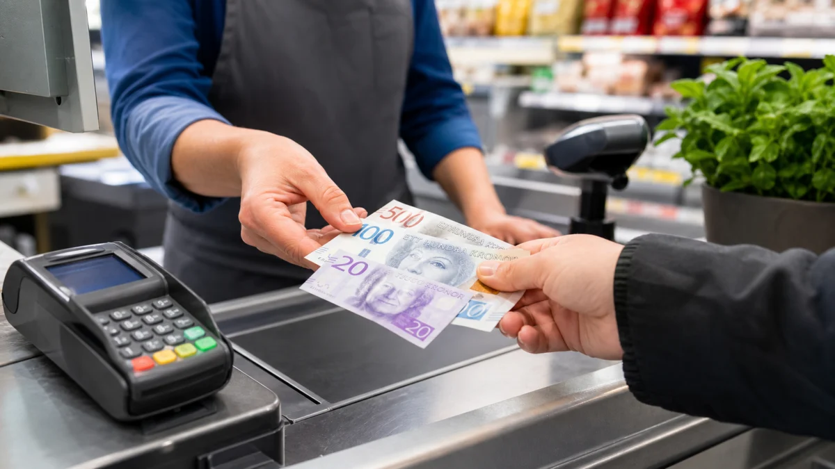 Symbolbild: In einem Geschäft werden schwedische Kronen an der Kasse übergeben