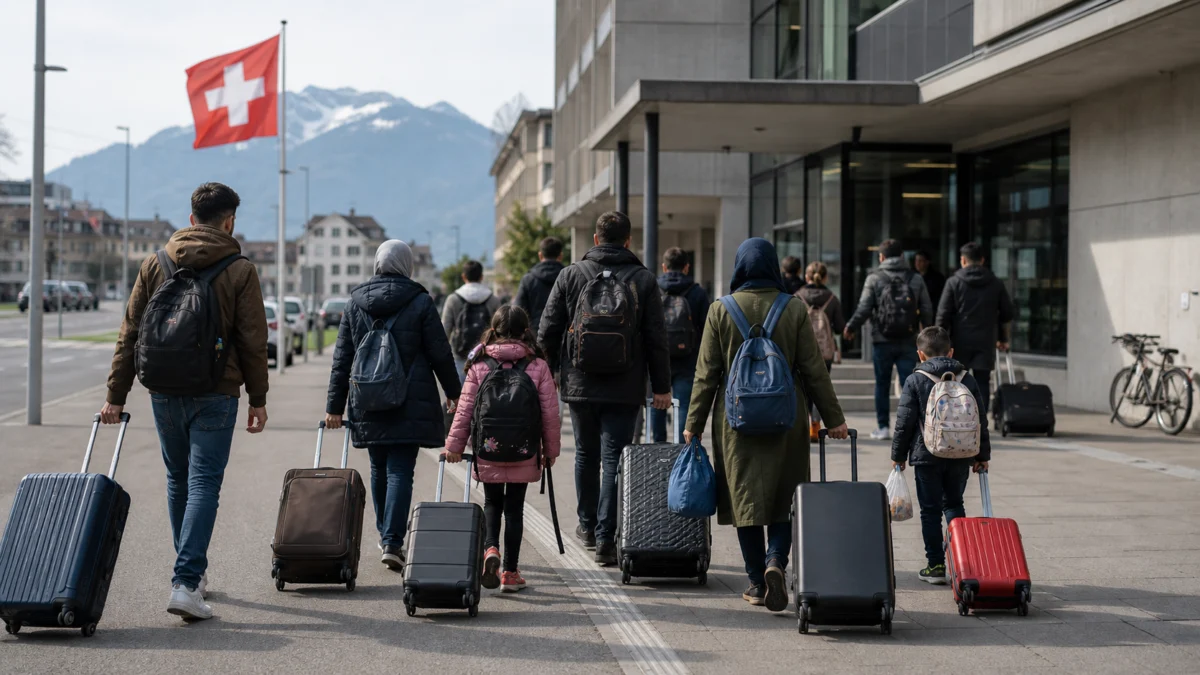 Symbolbild: Menschen mit Gepäck vor einem Gebäude in der Schweiz